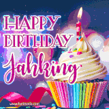 A festive animated GIF featuring a colorful cupcake with a single lit candle, sprinkles, and 'Happy Birthday Jahking' text against a sparkling, celebratory background.