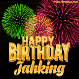 A captivating GIF with bursts of green, pink, and orange fireworks lighting up the night sky, accompanied by 'Happy Birthday Jahking' in glowing golden text.