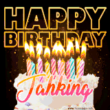 A vibrant animated GIF featuring a delicious birthday cake topped with glowing candles and the name 'Jahking' in elegant script, and the words 'Happy Birthday' on the black background.