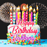 A lively happy birthday animated GIF showcasing a colorful birthday cake covered in sprinkles, topped with glowing candles, and surrounded by vibrant fireworks. The name 'Jahking' is featured in elegant script.