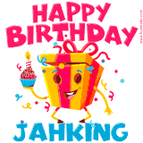 A funny animated birthday GIF with the words 'Happy Birthday Jahkinga', colorful gift box with arms and legs, holding a cupcake with a lit candle  with confetti everywhere.