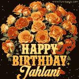 Animated bouquet of orange roses with moving butterfles and golden 'Happy Birthday Jahlani' text, surrounded by sparkling accents and a dark backdrop for a luxurious feel.