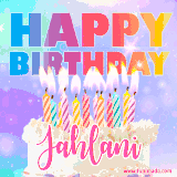 A vibrant animated name GIF with the words 'Happy Birthday Jahlani' with colorful candles on a creamy cake. The background sparkles with pastel shades, adding a festive touch.