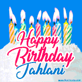 A cheerful animated GIF featuring colorful lit birthday candles on a white cake, with the text 'Happy Birthday Jahlani' in bold red and blue script on a bright blue background.