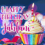 A festive animated GIF featuring a colorful cupcake with a single lit candle, sprinkles, and 'Happy Birthday Jahlani' text against a sparkling, celebratory background.