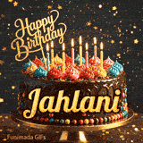 Close-up of a chocolate birthday cake with multicolored frosting swirls and colorful candy beads around the gold base. Greeting text with name Jahlani