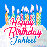A cheerful animated GIF featuring colorful lit birthday candles on a white cake, with the text 'Happy Birthday Jahleel' in bold red and blue script on a bright blue background.