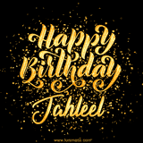Animated GIF with colorful, festive 'Happy Birthday Jahleel' text decorated with patterns, a party hat, and falling confetti. A vibrant and cheerful design for birthday celebrations.