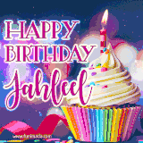 A festive animated GIF featuring a colorful cupcake with a single lit candle, sprinkles, and 'Happy Birthday Jahleel' text against a sparkling, celebratory background.