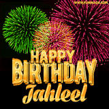 A captivating GIF with bursts of green, pink, and orange fireworks lighting up the night sky, accompanied by 'Happy Birthday Jahleel' in glowing golden text.
