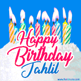 A cheerful animated GIF featuring colorful lit birthday candles on a white cake, with the text 'Happy Birthday Jahlil' in bold red and blue script on a bright blue background.