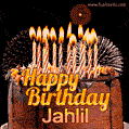A rich chocolate cake topped with glowing birthday candles and surrounded by bright fireworks. The animated GIF displays the message 'Happy Birthday Jahlil' in golden text.