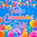 A vibrant animated GIF with 'Feliz Cumpleaños Jahlil' written in colorful script, surrounded by balloons, confetti, and bunting on a bright blue background.
