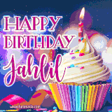 A festive animated GIF featuring a colorful cupcake with a single lit candle, sprinkles, and 'Happy Birthday Jahlil' text against a sparkling, celebratory background.