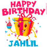 A funny animated birthday GIF with the words 'Happy Birthday Jahlila', colorful gift box with arms and legs, holding a cupcake with a lit candle  with confetti everywhere.