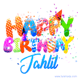 Animated GIF with colorful, festive 'Happy Birthday Jahlil' text decorated with patterns, a party hat, and falling confetti. A vibrant and cheerful design for birthday celebrations.