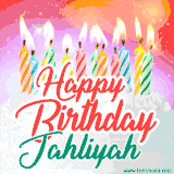 Bright birthday candles with rainbow flames on a cake, alongside the text 'Happy Birthday Jahliyah' in vibrant script in this celebratory animated GIF.