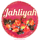 Beautifully decorated red velvet berry birthday cake with vibrant fruits and a glowing 'Jahliyah' name, adding a touch of sweetness and sparkle.