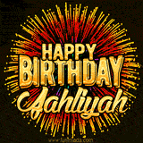 Golden 'Happy Birthday Jahliyah' text accompanied by animated rainbow fireworks for a festive animated greeting.