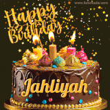 A delightful chocolate birthday cake with bright candles and 'Happy Birthday Jahliyah' written in gold amidst a shower of animated stars.