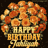 Animated bouquet of orange roses with moving butterfles and golden 'Happy Birthday Jahliyah' text, surrounded by sparkling accents and a dark backdrop for a luxurious feel.