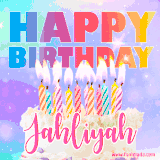 A vibrant animated name GIF with the words 'Happy Birthday Jahliyah' with colorful candles on a creamy cake. The background sparkles with pastel shades, adding a festive touch.