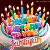 A colorful birthday cake topped with lit candles, with the words 'Happy Birthday Jahliyah' in bold glowing letters on a burgundy background. Animated flames add a festive touch.