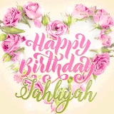 A stunning heart made of pink roses surrounds the elegant script text 'Happy Birthday Jahliyah' on a soft beige background. Animated sparkles add a magical and festive feel.