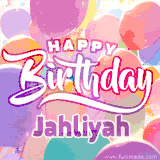 A vibrant name GIF featuring colorful balloons in shades of pink, orange, and yellow with the bold text 'Happy Birthday Jahliyah' in festive fonts, creating a lively birthday vibe.