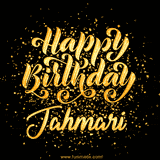 Animated GIF with colorful, festive 'Happy Birthday Jahmari' text decorated with patterns, a party hat, and falling confetti. A vibrant and cheerful design for birthday celebrations.