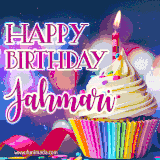 A festive animated GIF featuring a colorful cupcake with a single lit candle, sprinkles, and 'Happy Birthday Jahmari' text against a sparkling, celebratory background.
