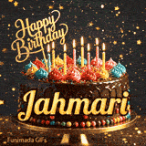 A personalized greeting card for Jahmari featuring a chocolate cake with colorful toppings on a sparkly starry background.