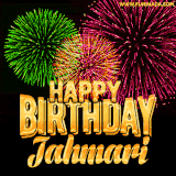 A captivating GIF with bursts of green, pink, and orange fireworks lighting up the night sky, accompanied by 'Happy Birthday Jahmari' in glowing golden text.