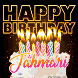 A vibrant animated GIF featuring a delicious birthday cake topped with glowing candles and the name 'Jahmari' in elegant script, and the words 'Happy Birthday' on the black background.