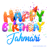 Animated GIF with colorful, festive 'Happy Birthday Jahmari' text decorated with patterns, a party hat, and falling confetti. A vibrant and cheerful design for birthday celebrations.