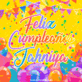 A bright and festive GIF with the text 'Feliz Cumpleaños Jahniya' in Spanish in colorful fonts, surrounded by confetti, balloons, and festive banners on a vibrant yellow background.