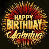 Golden 'Happy Birthday Jahniya' text accompanied by animated rainbow fireworks for a festive animated greeting.
