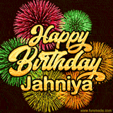Golden text reading 'Happy Birthday Jahniya' surrounded by vibrant fireworks in red, green, and yellow, set against a dark background in this celebratory birthday GIF.