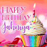 A vibrant birthday GIF featuring a rainbow-colored cupcake topped with white frosting, sprinkles, and a lit candle. The text reads 'Happy Birthday Jahniya' in bold pink and violet letters with white outline.
