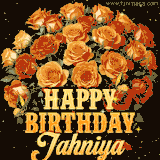 Animated bouquet of orange roses with moving butterfles and golden 'Happy Birthday Jahniya' text, surrounded by sparkling accents and a dark backdrop for a luxurious feel.