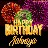 A golden 'Happy Birthday Jahniya' message with vibrant fireworks in the background, creating a festive and celebratory vibe in this animated name GIF.