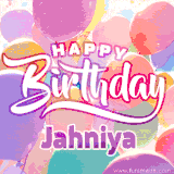 A vibrant name GIF featuring colorful balloons in shades of pink, orange, and yellow with the bold text 'Happy Birthday Jahniya' in festive fonts, creating a lively birthday vibe.