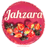 Beautifully decorated red velvet berry birthday cake with vibrant fruits and a glowing 'Jahzara' name, adding a touch of sweetness and sparkle.