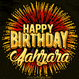 Golden 'Happy Birthday Jahzara' text accompanied by animated rainbow fireworks for a festive animated greeting.