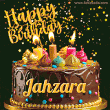 A delightful chocolate birthday cake with bright candles and 'Happy Birthday Jahzara' written in gold amidst a shower of animated stars.
