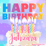 A vibrant animated name GIF with the words 'Happy Birthday Jahzara' with colorful candles on a creamy cake. The background sparkles with pastel shades, adding a festive touch.
