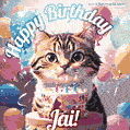 Happy birthday gif for Jai with cat and cake
