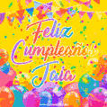 A bright and festive GIF with the text 'Feliz Cumpleaños Jaia' in Spanish in colorful fonts, surrounded by confetti, balloons, and festive banners on a vibrant yellow background.