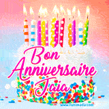 A white birthday cake covered in colorful sprinkles, topped with bright candles, and French text 'Bon Anniversaire Jaia' on a pastel gradient background in an animated GIF.
