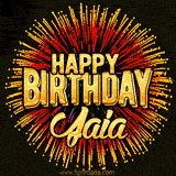 Golden 'Happy Birthday Jaia' text accompanied by animated rainbow fireworks for a festive animated greeting.